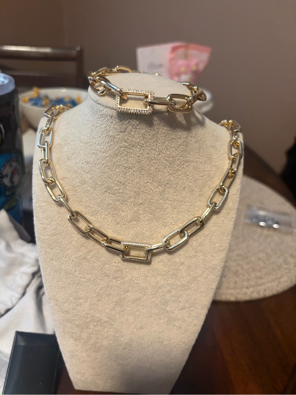 Gold Chain Link Necklace and Bracelet Set with Pave Rectangle Accent - Picture 5 of 5
